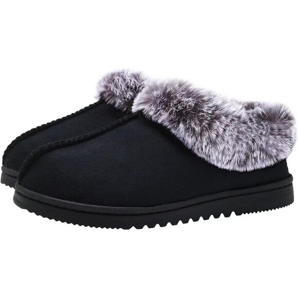 Shoes - Women's Fuzzy Cozy Faux Fur Memory Foam  Rubber Sole Slippers Boots Black Shoes
